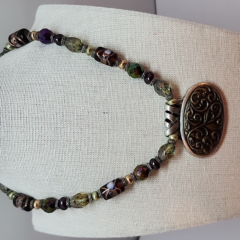 Chico's Silver Tone Pink & Purple Beaded Statement Necklace